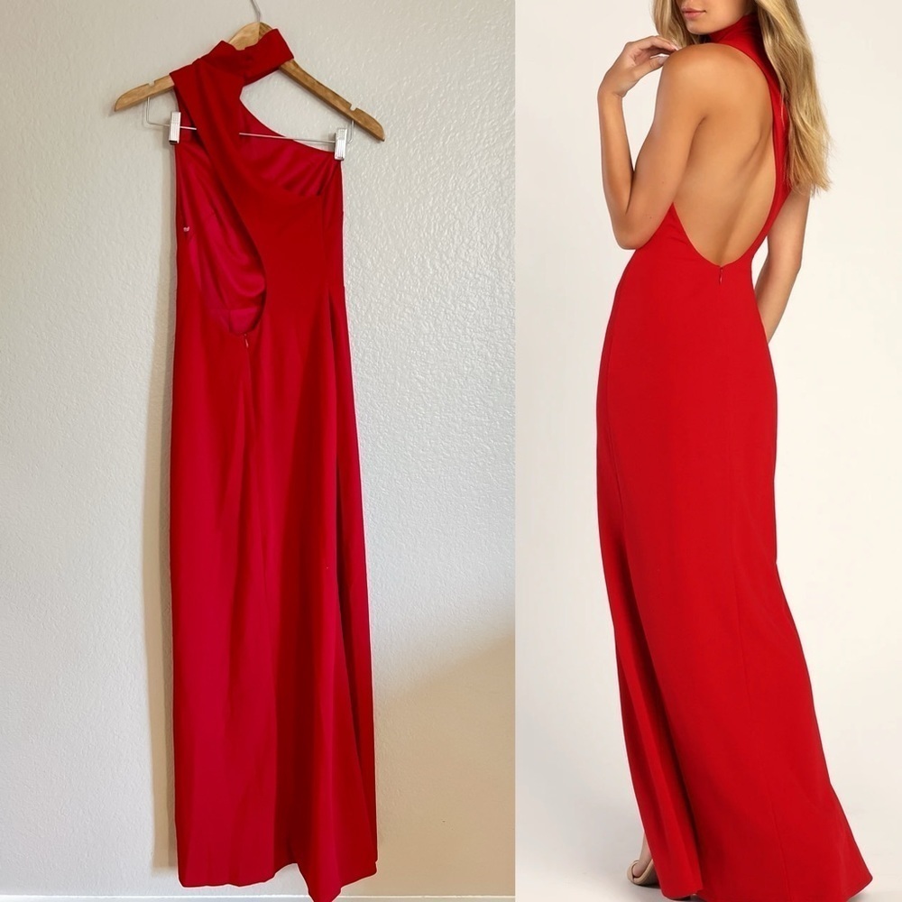 Keep It Interesting Red Asymmetrical Cutout Halter Maxi Dress